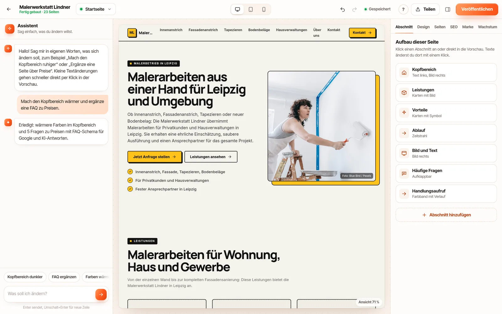 KI-Website-Builder von Answer the Web: Chat-Assistent links, Live-Vorschau einer Handwerker-Website in der Mitte, Abschnitte und SEO rechts