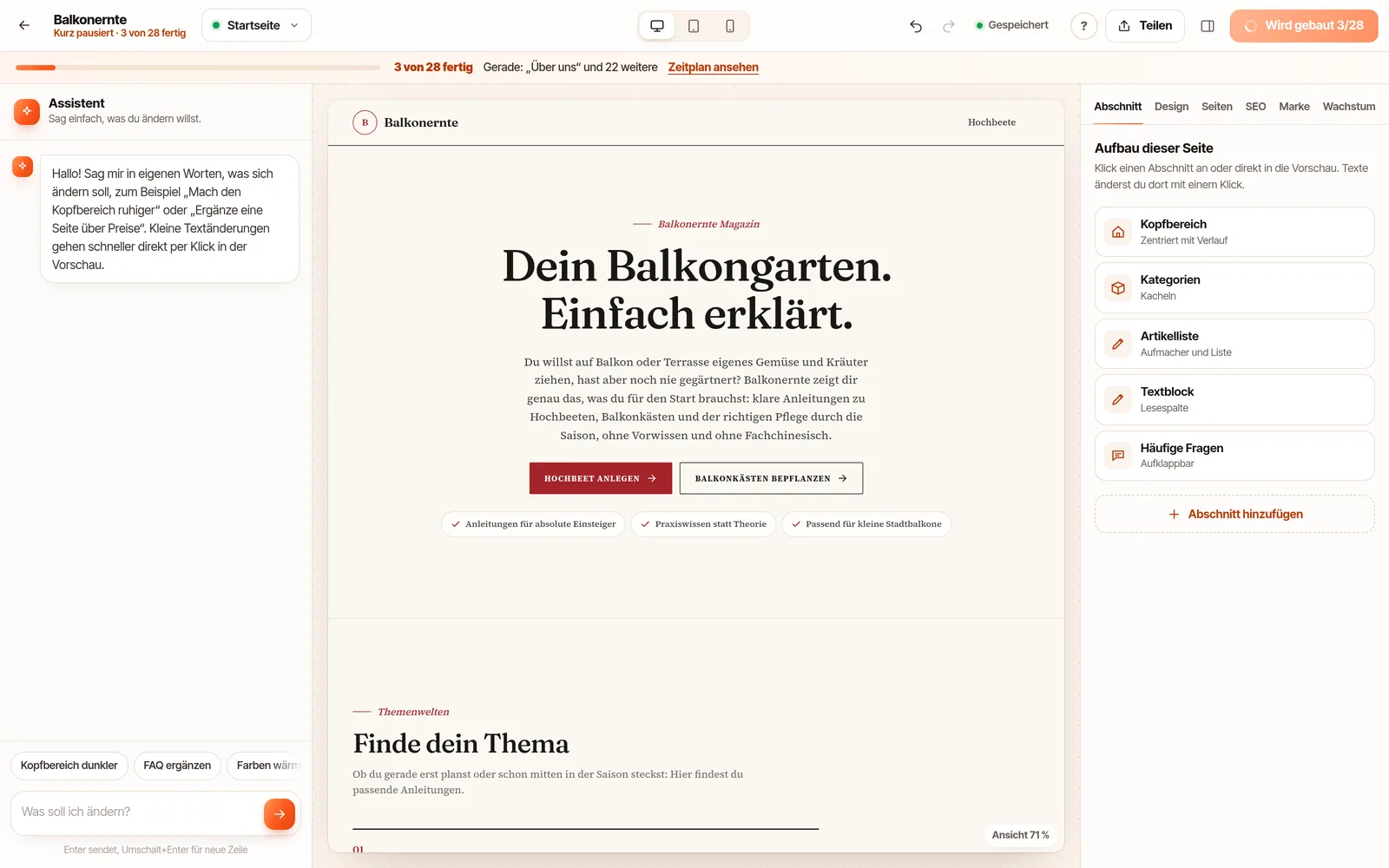Magazin im KI-Website-Builder: Bauplan mit Artikeln und Rubriken