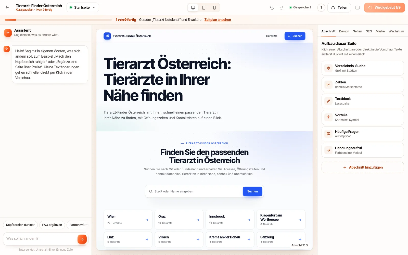 Verzeichnis im KI-Website-Builder: Tierarzt-Finder Österreich mit Suche und Städten