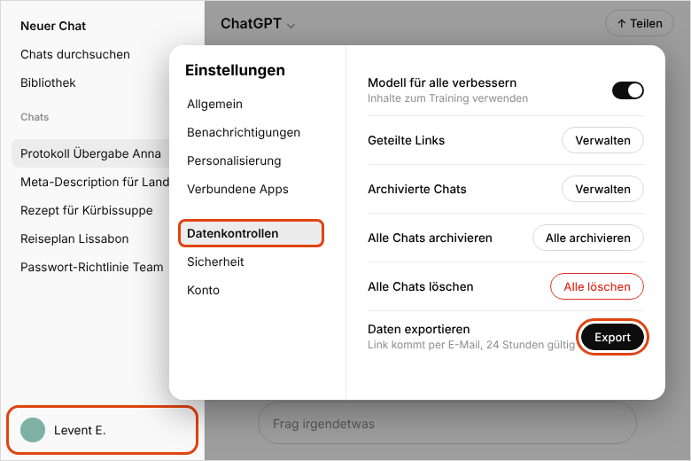ChatGPT-Einstellungen: Bereich „Datenkontrollen“ mit der Schaltfläche „Export“ bei „Daten exportieren“
