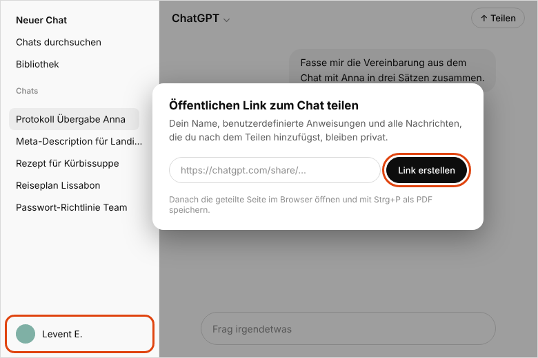 ChatGPT: Dialog „Öffentlichen Link zum Chat teilen“ mit der Schaltfläche „Link erstellen“