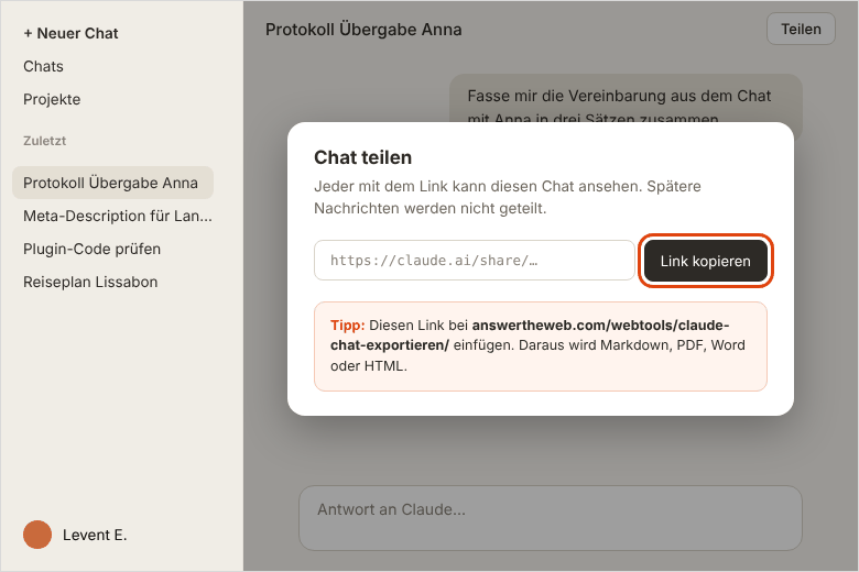 Claude: Dialog „Chat teilen“ mit Link kopieren und Hinweis auf das Answer-the-Web-Tool Claude Chat exportieren