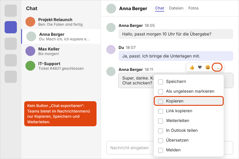 Microsoft Teams: Nachrichtenmenü mit Kopieren, Speichern, Weiterleiten und In Outlook teilen, Hinweis dass es keinen Export-Button gibt