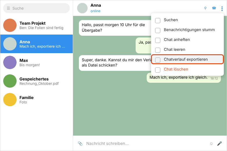Telegram Desktop: Drei-Punkte-Menü im Chat mit markiertem Eintrag „Chatverlauf exportieren“