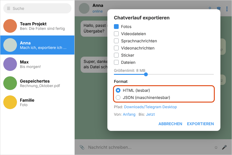 Telegram Desktop: Export-Dialog mit Medienauswahl, Größenlimit und Format HTML oder JSON