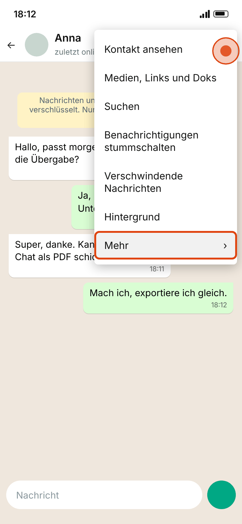 WhatsApp auf Android: geöffnetes Drei-Punkte-Menü im Chat mit markiertem Eintrag „Mehr“