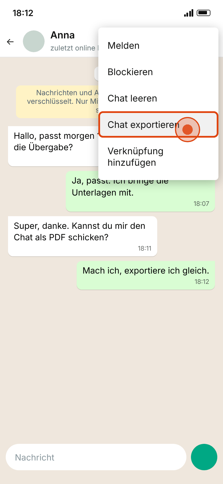 WhatsApp na Androidu: podmenu Více se zvýrazněnou položkou Exportovat chat