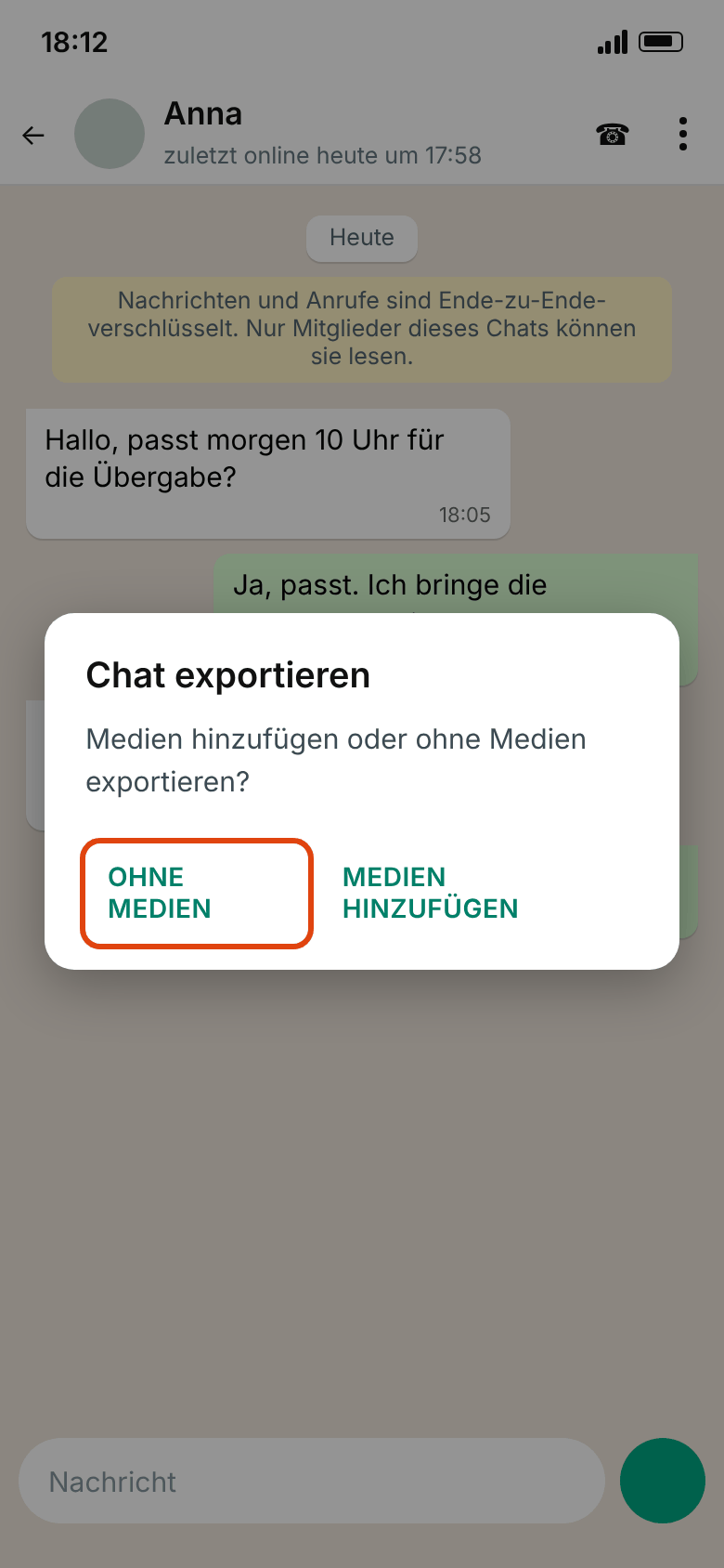 WhatsApp auf Android: Dialog „Chat exportieren“ mit den Schaltflächen „Ohne Medien“ und „Medien hinzufügen“