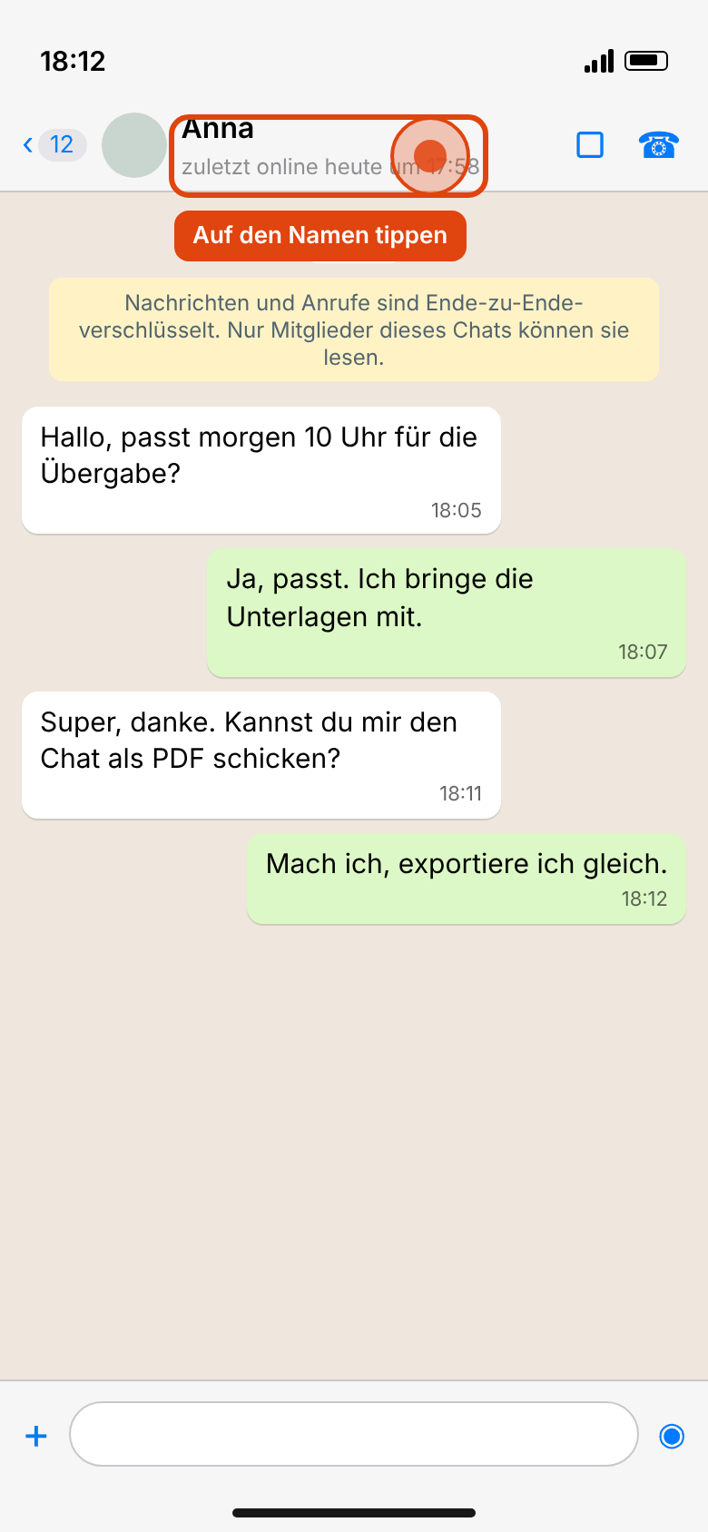 WhatsApp auf dem iPhone: Chat mit markiertem Kontaktnamen in der Kopfzeile