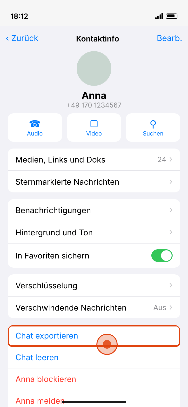 WhatsApp auf dem iPhone: Kontaktinfo mit markiertem Eintrag „Chat exportieren“ am Ende der Liste