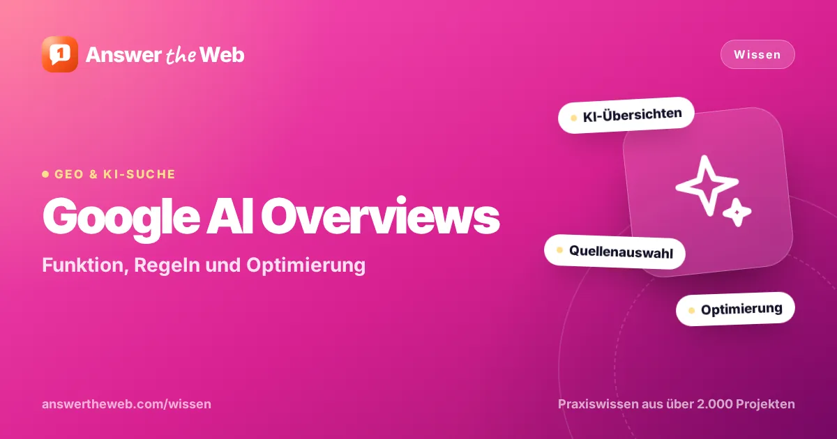 Titelgrafik zu „Google AI Overviews“: Funktion, Regeln und Optimierung, mit den Stichworten KI-Übersichten, Quellenauswahl und Optimierung