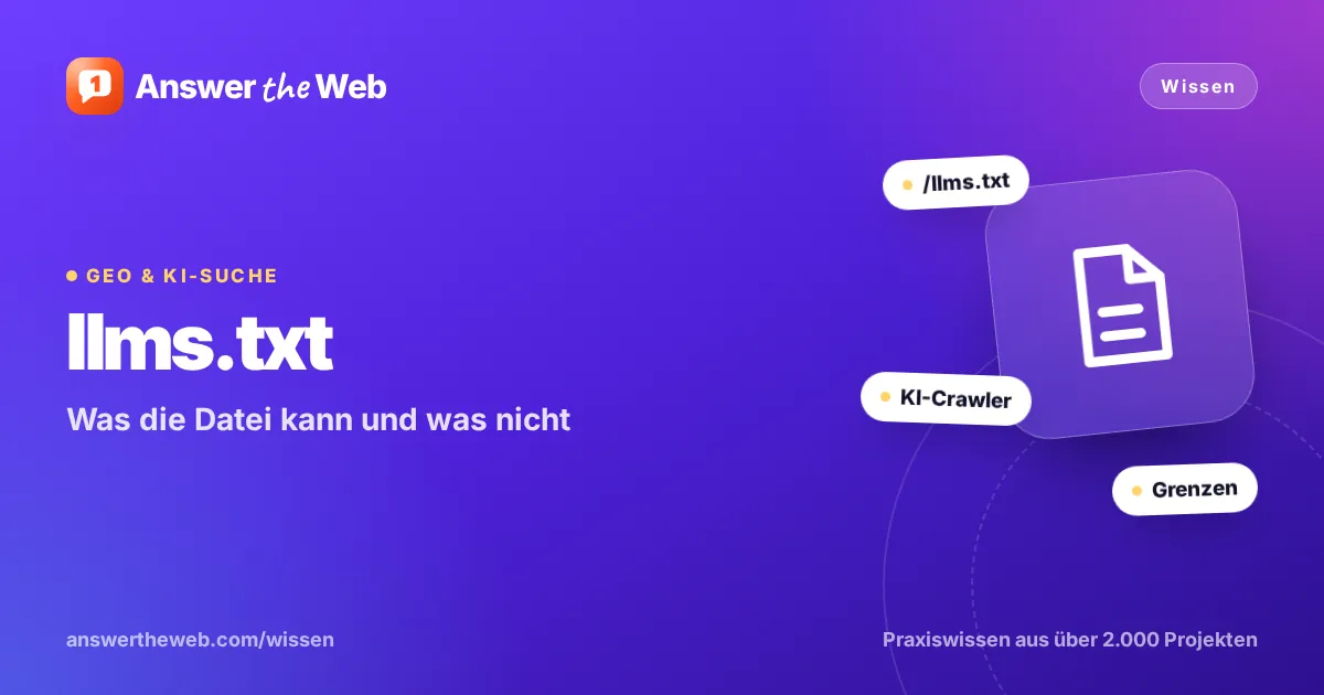 Titelgrafik zu „llms.txt“: Was die Datei kann und was nicht, mit den Stichworten /llms.txt, KI-Crawler und Grenzen