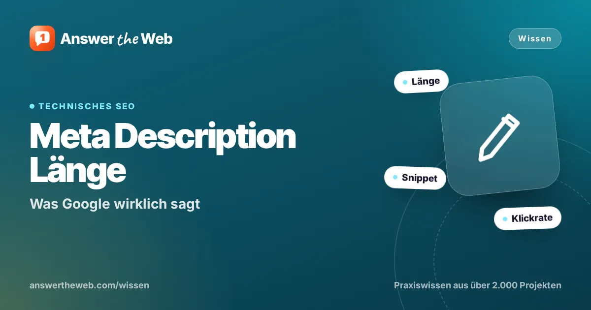 Titelgrafik zu „Meta Description Länge“: Was Google wirklich sagt, mit den Stichworten Länge, Snippet und Klickrate