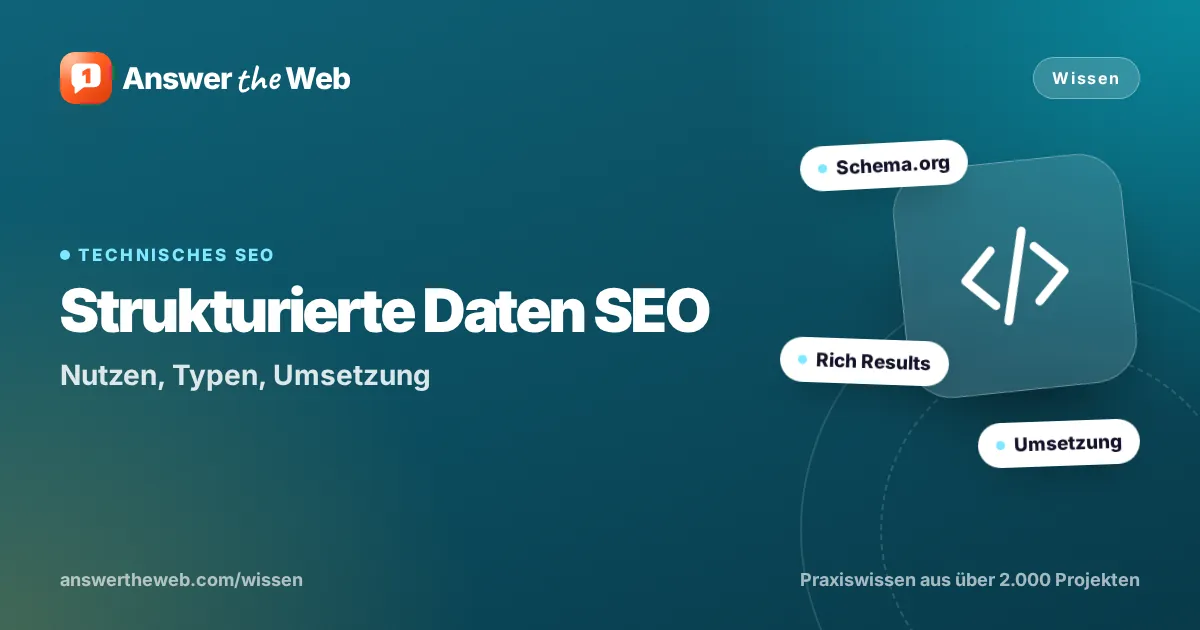Titelgrafik zu „Strukturierte Daten SEO“: Nutzen, Typen, Umsetzung, mit den Stichworten Schema.org, Rich Results und Umsetzung