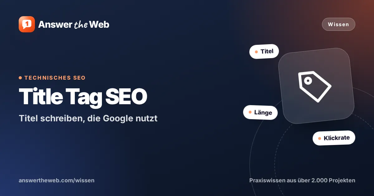 Titelgrafik zu „Title Tag SEO“: Titel schreiben, die Google nutzt, mit den Stichworten Titel, Länge und Klickrate
