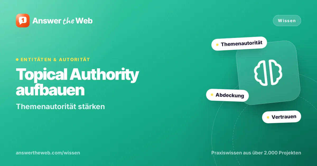 Titelgrafik zu „Topical Authority aufbauen“: Themenautorität stärken, mit den Stichworten Themenautorität, Abdeckung und Vertrauen